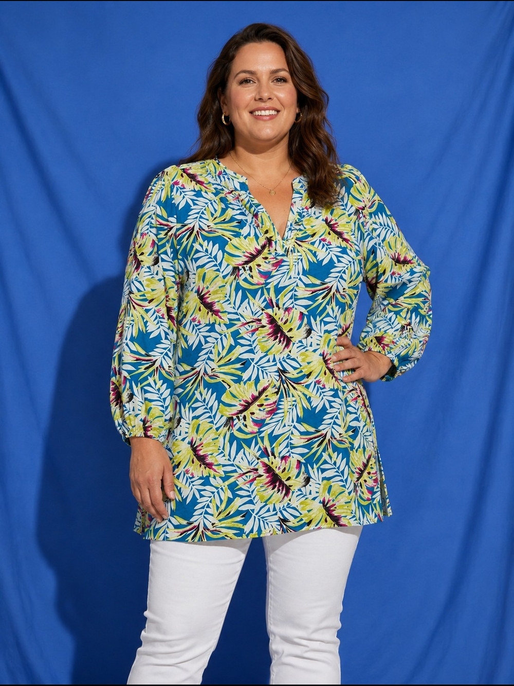 Anne Klein 1X Teal, Yellow, White & Pink Printed Tunic